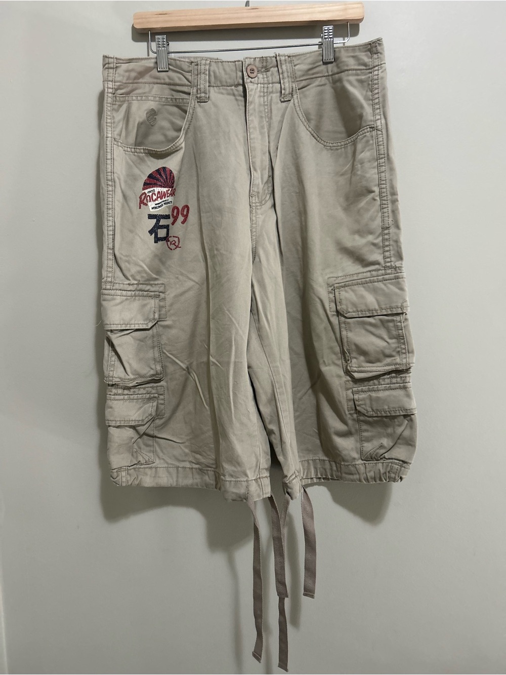 Vintage Beige Cargo Drawstring Shorts with Graphic Patch